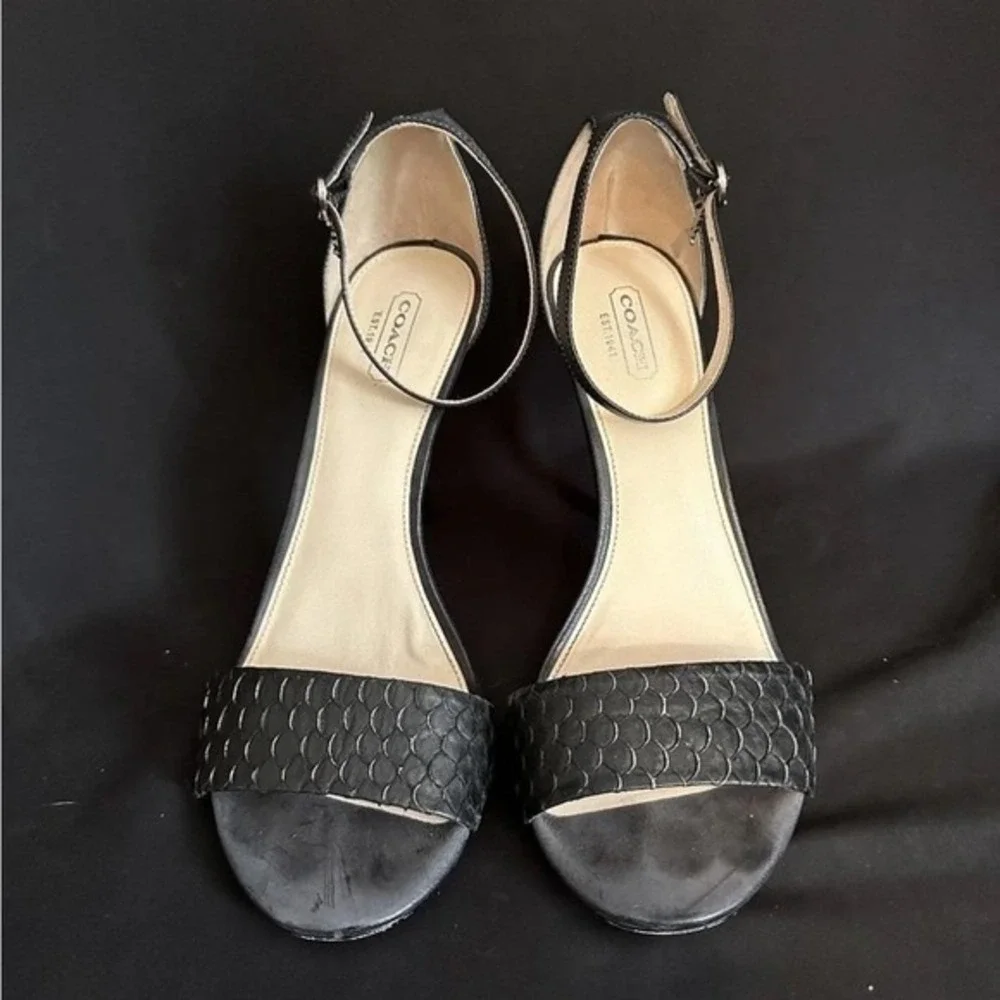 Coach 9 M Sandals Black Francesca Snake Embossed‎ Leather Strappy Stiletto Heel